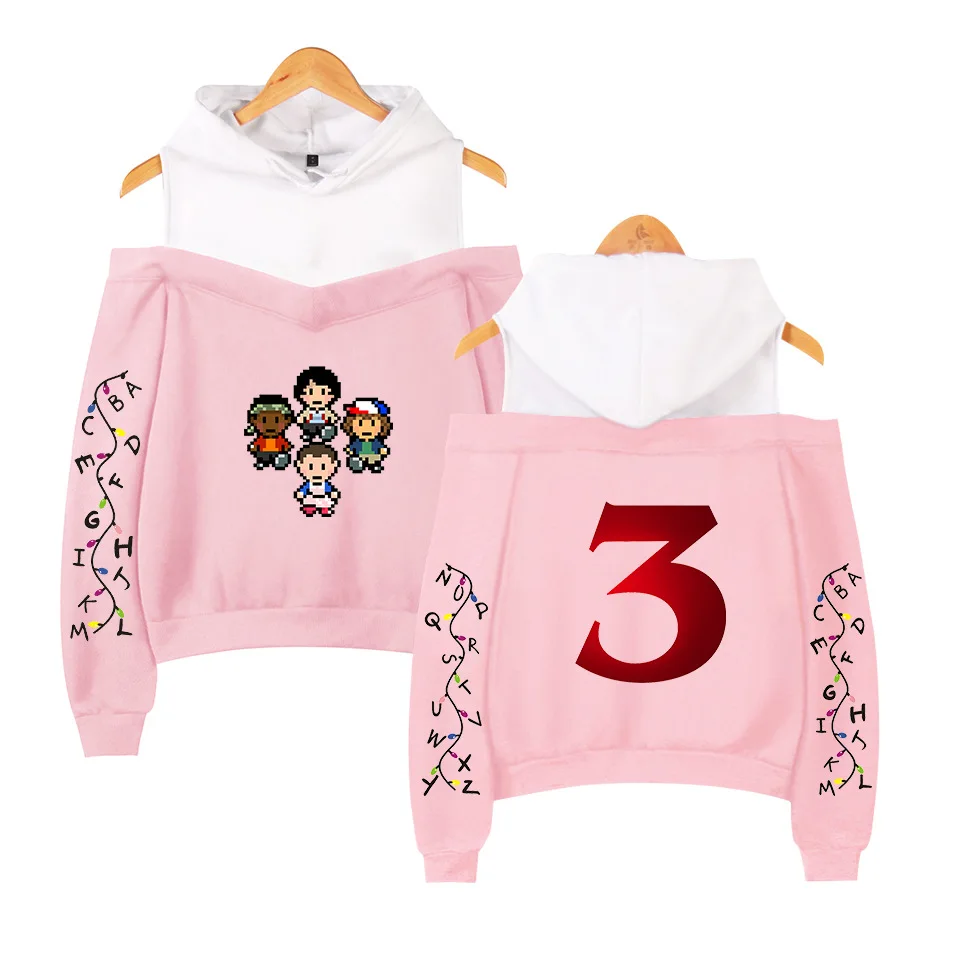 

stranger things 3 Pink Hoodie Eleven Steve Demogorgon Dustin Harajuku Long-Sleeved Off-Shoulder Pullover Hooded Sweatshirt Women