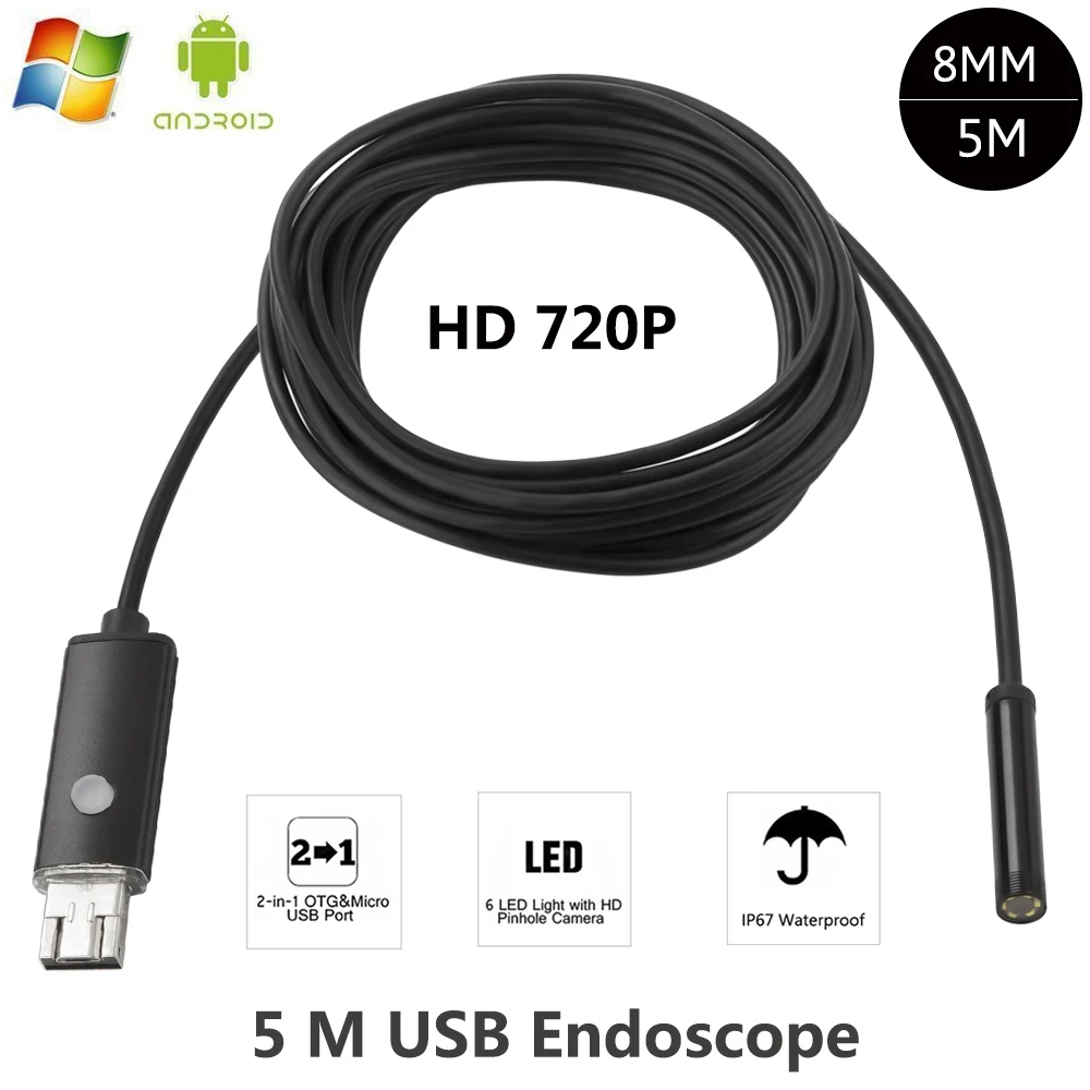 

New 2In1 Endoscope 8mm USB Android Camera 5M Cable Snake Tube Waterproof Mini USB Android Borescope Inspection OTG Phone Camera