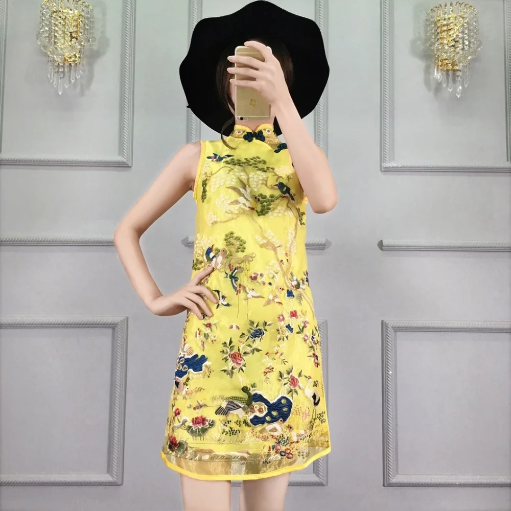 Китайский стиль без рукавов вышивка Cheongsam Современное женское платье