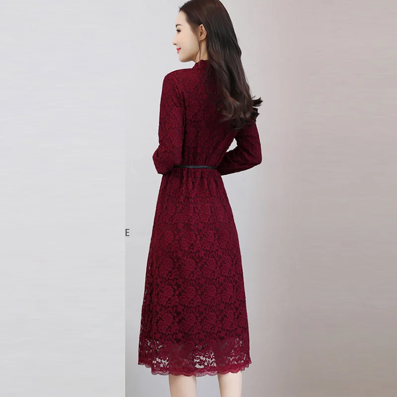 Весенне осенние женские платья до середины икры модное кружевное платье для