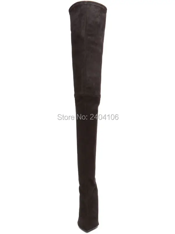 Модные Faux Suede; цвета-серый, черный сапоги до промежности зимние сапоги с высоким голенищем, до колена из креповой ткани цвета на молнии Для женщин на шпильке, до бедра, ботинки