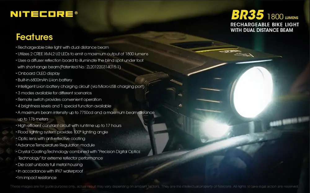 NITECORE BR35 велосипед светильник с двумя типами света OLED Перезаряжаемые