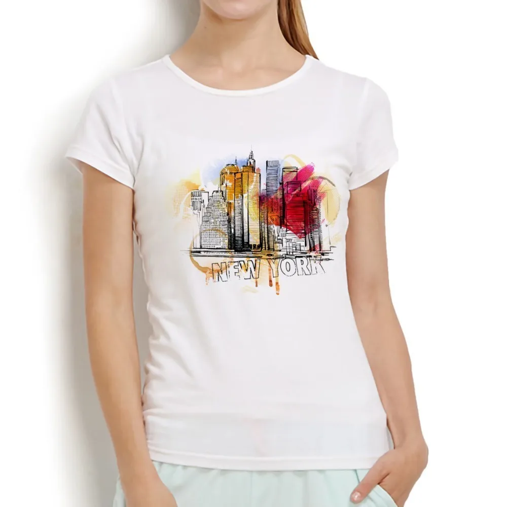 

Футболка женская с акварельным принтом Нью-Йорка, Повседневная рубашка без клея, белый цвет