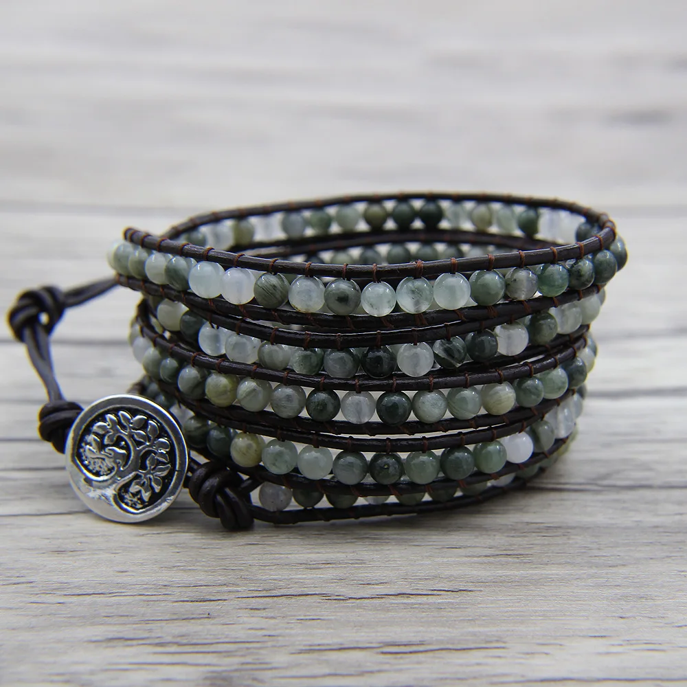 Boho Smaragdite браслет из бисера Йога бусина обертывание кожаный чехол для браслета в