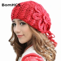 bomhcs fashion women winter 100 handmade knitted beanie floral hat