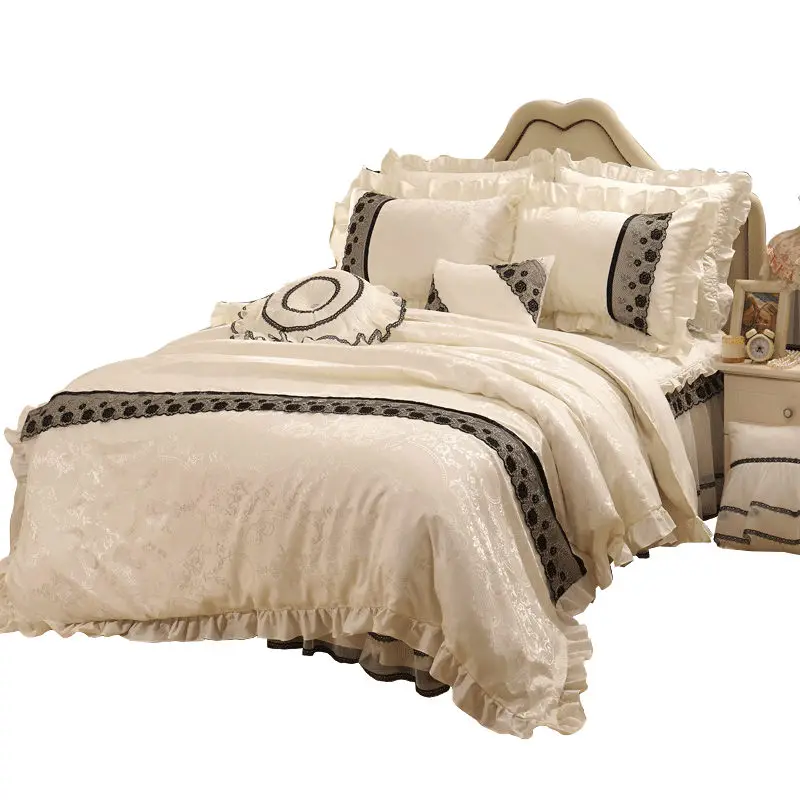 2018 Черное кружево молочно-белый чистый цвет свадебного постельного белья king size 4