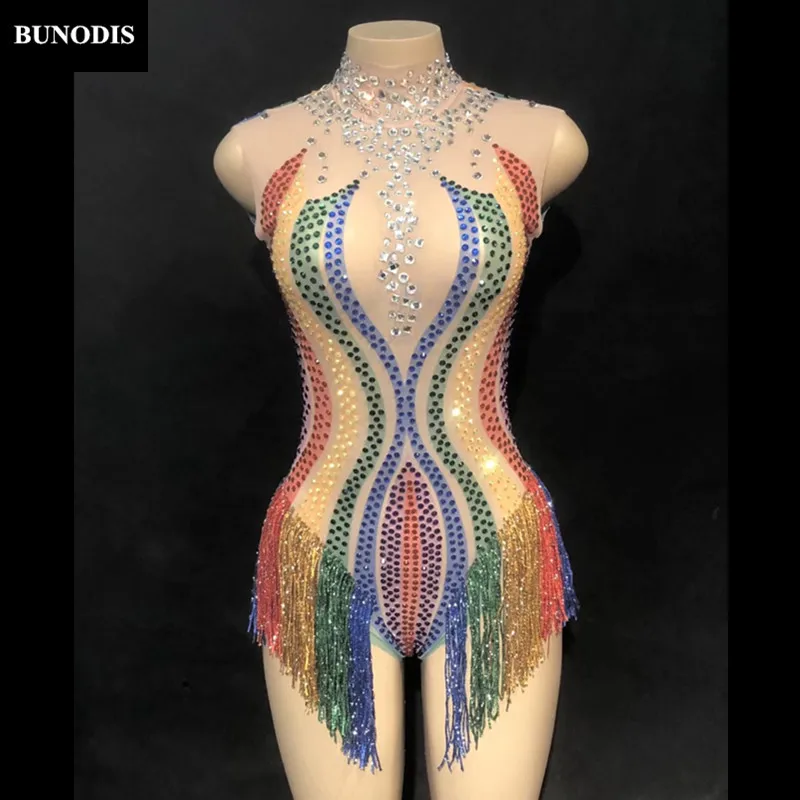 ZD275 Women Sexy Net Yarn Bodysuit Full Of Colors Sparkling Crystals Costumes Fashion Show Nightclub Party Birthday Dancer Wear