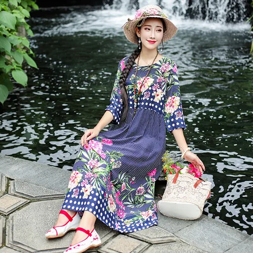 dark blue Uego/свободное летнее платье с коротким рукавом, тонкий светильник, Мягкое хлопковое льняное праздничное пляжное Повседневное платье с цветочным принтом, шикарное женское платье миди - Цвет: dark blue