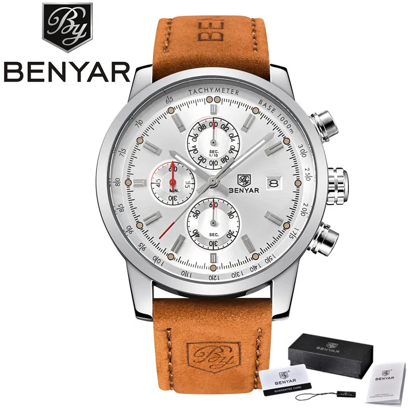 5102B06 with box Relogio Masculino BENYAR часы мужские Топ люксовый бренд хронограф спортивные мужские часы военные кожаные часы кварцевые наручные часы 5102 - Цвет: 5102B06 with box
