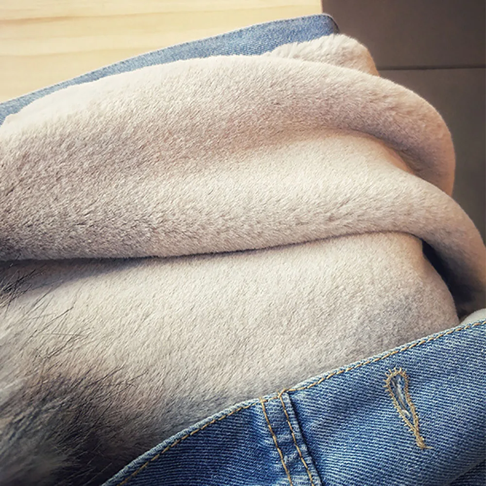 Зимние джинсовые куртки с меховым воротником для женщин длинным рукавом