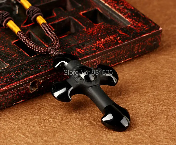 Прямая доставка натуральный черный обсидиан Резные Крест Lucky кулон Бесплатная