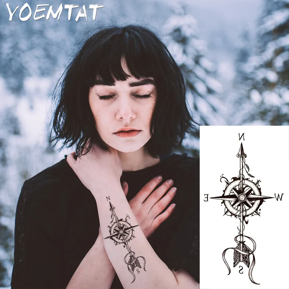 Временная тату наклейка черная белая с компасом и стрелами 1 шт.|tattoo sticker|waterproof tattoo