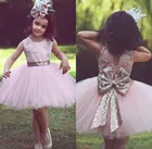 Платье принцессы до колена с большим бантом, расшитым блестками, с аппликацией, милое платье с цветочным узором для девочек на свадьбу, платья для дня рождения для девочек, без рукавов