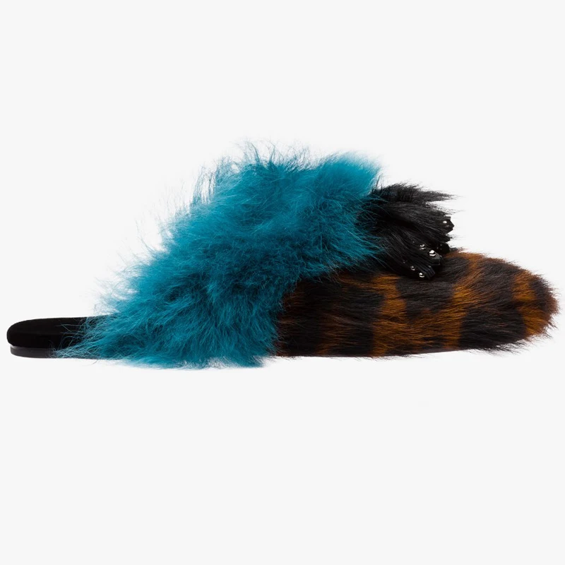 Monmoira скольжения на Мех животных Для женщин Шлёпанцы Leopard Лоскутная без каблука