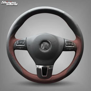 Shining wheat Black Leather Chocolate Steering Wheel Cover for Volkswagen Passat B7 CC Touran Magotan Sagitar VW Gol Tiguan