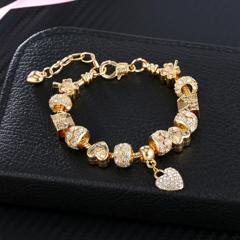 JKJ Silver Plated 925 Crown Beads Key Crystal Love Heart Charm Bracelet Fits Pendant For Women DIY Jewelry gifts | Украшения и