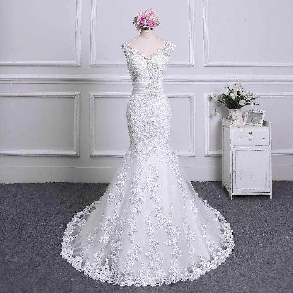 Элегантное кружевное платье с v-образным вырезом украшенное бисером Vestido De Noiva