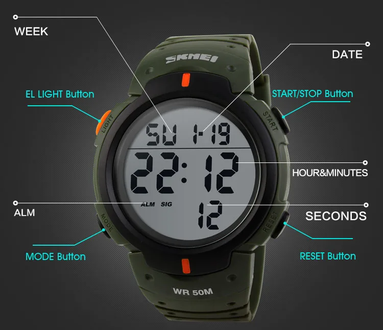 

Fashion Men Sports Watches skmei Brand LED Electronic Digital Watch 50M Waterproof Outdoor Dress Wristwatches Military Watch