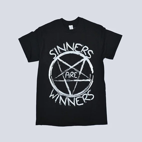 

Starqueen-JBH Sinners Are Winners Pentagram Gift T-Shirt Black Metal Fans New T-Shirt women Fashion T Shirt Top Tee Simple Style