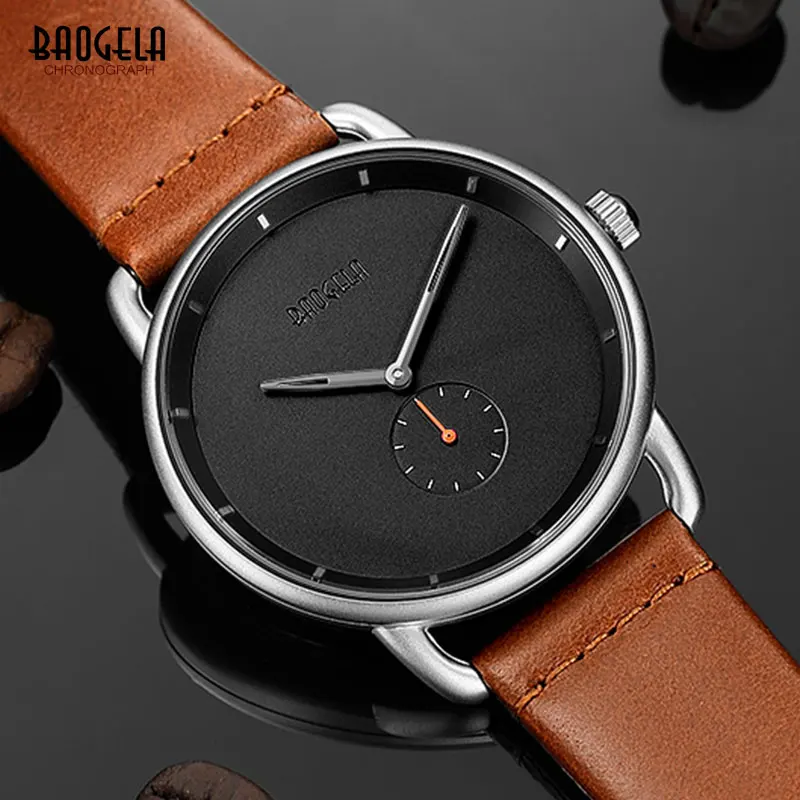 BAOGELA Men's Premium Simple Quartz Watches Casual Leather Strap Minimalism Waterproof Wristwatch for Man 1806Dark Brown | Наручные