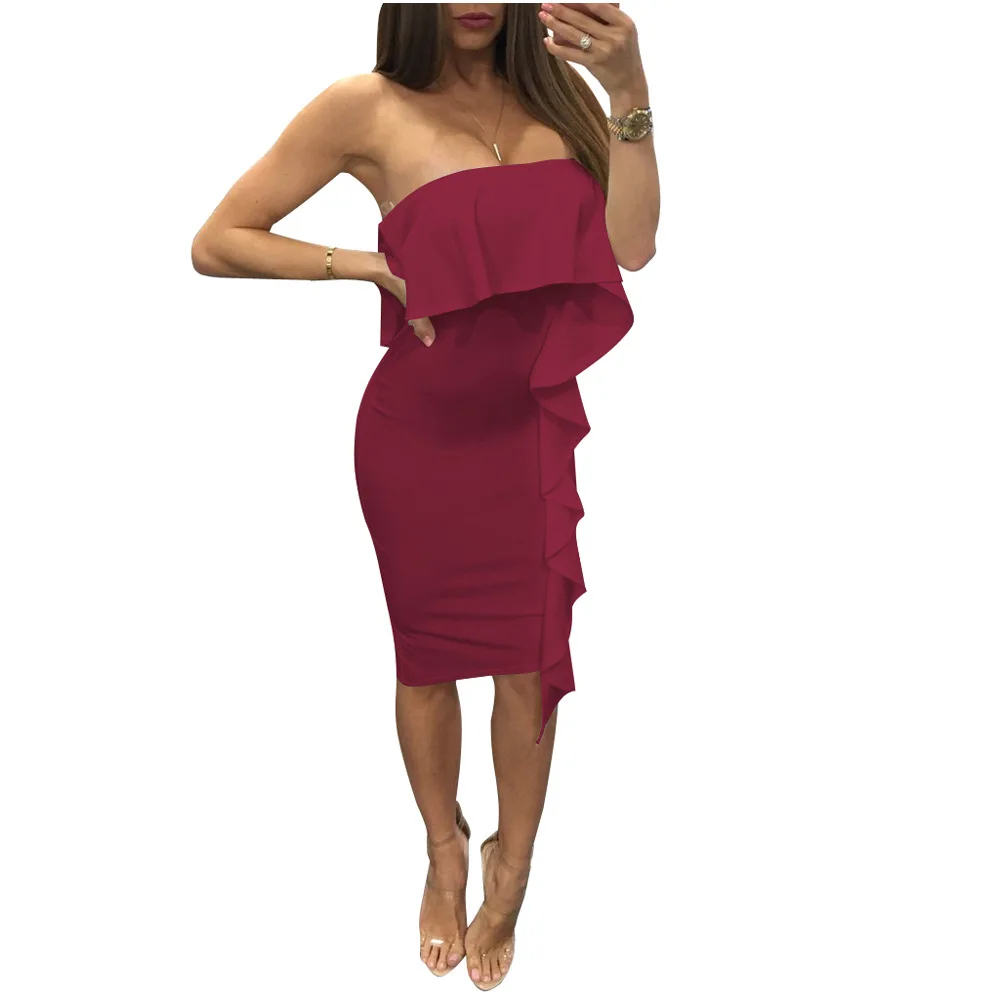 Белый без бретелек оборками Chic Bodycon платье Новая Для женщин рукавов с открытыми