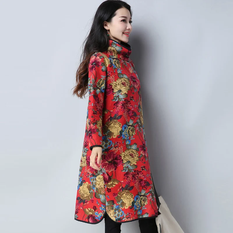 Осенне зимнее женское платье из хлопка и льна свободное большого размера до