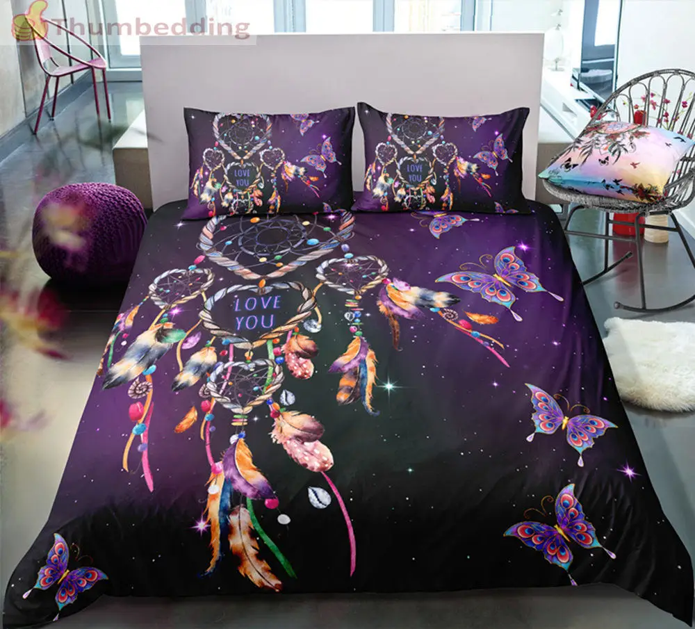 

Thumbedding Dropship Dreamcatcher Purple Starry Printed Bedding Sets Queen 3D Duvet Cover Set Unique Designed Bed Set 3pcs
