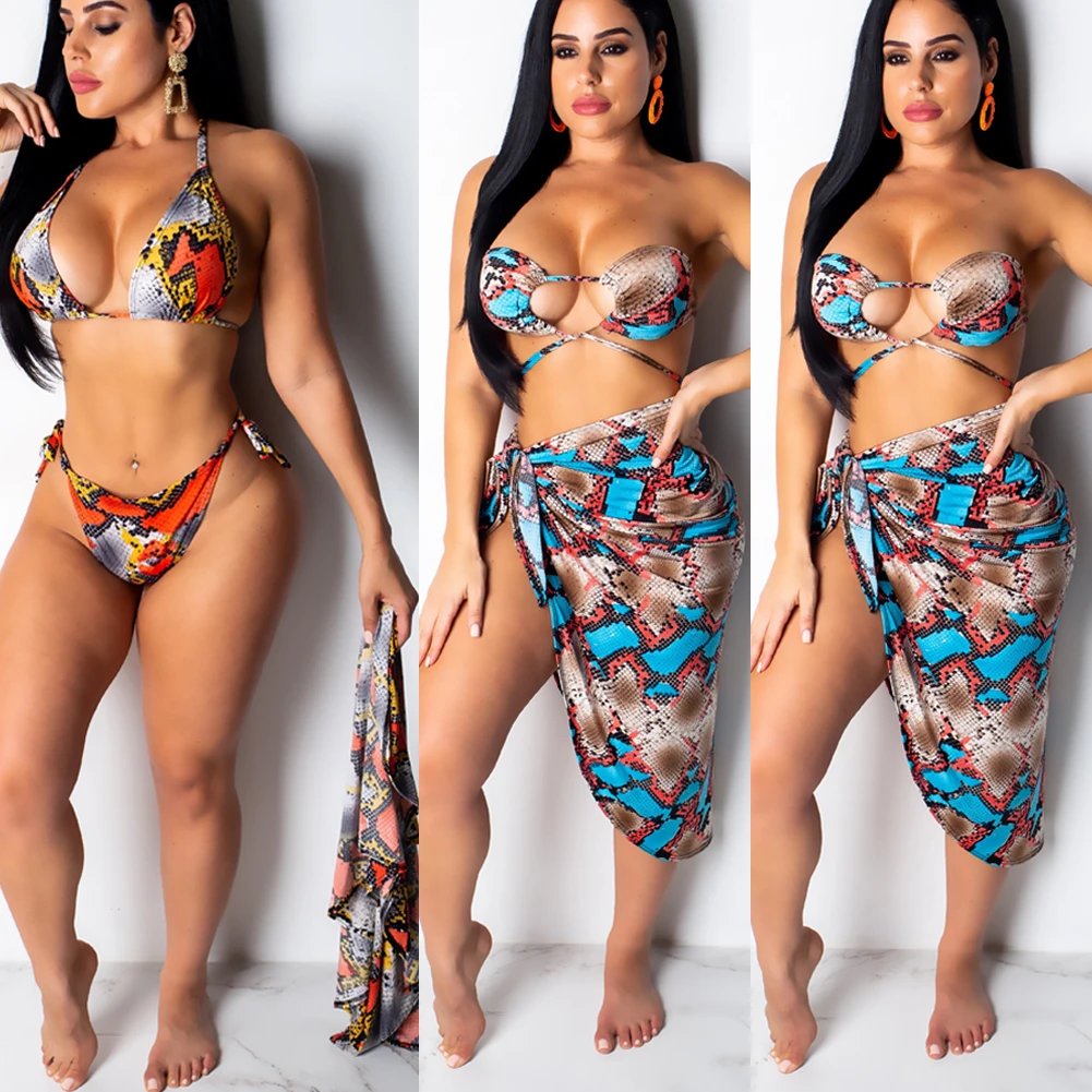 Женский леопардовый купальник бикини с принтом накидка кафтан саронг змеиный