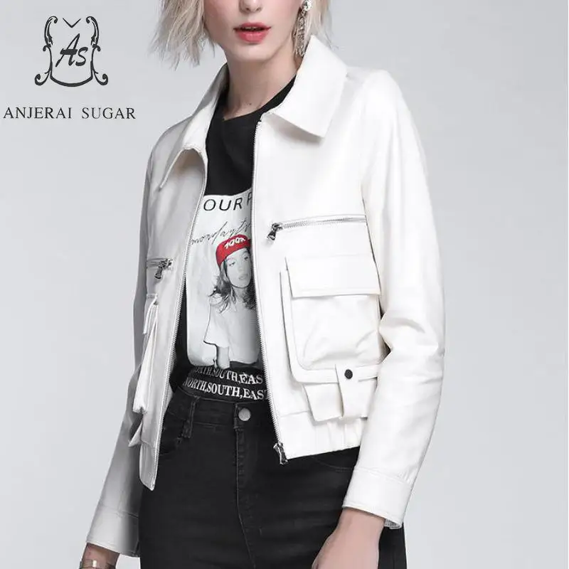 Autumn women Sheepskin Genuine Leather jacket white motorcycle Elastic waist zipper pockets real leather jaqueta couro feminina | Женская