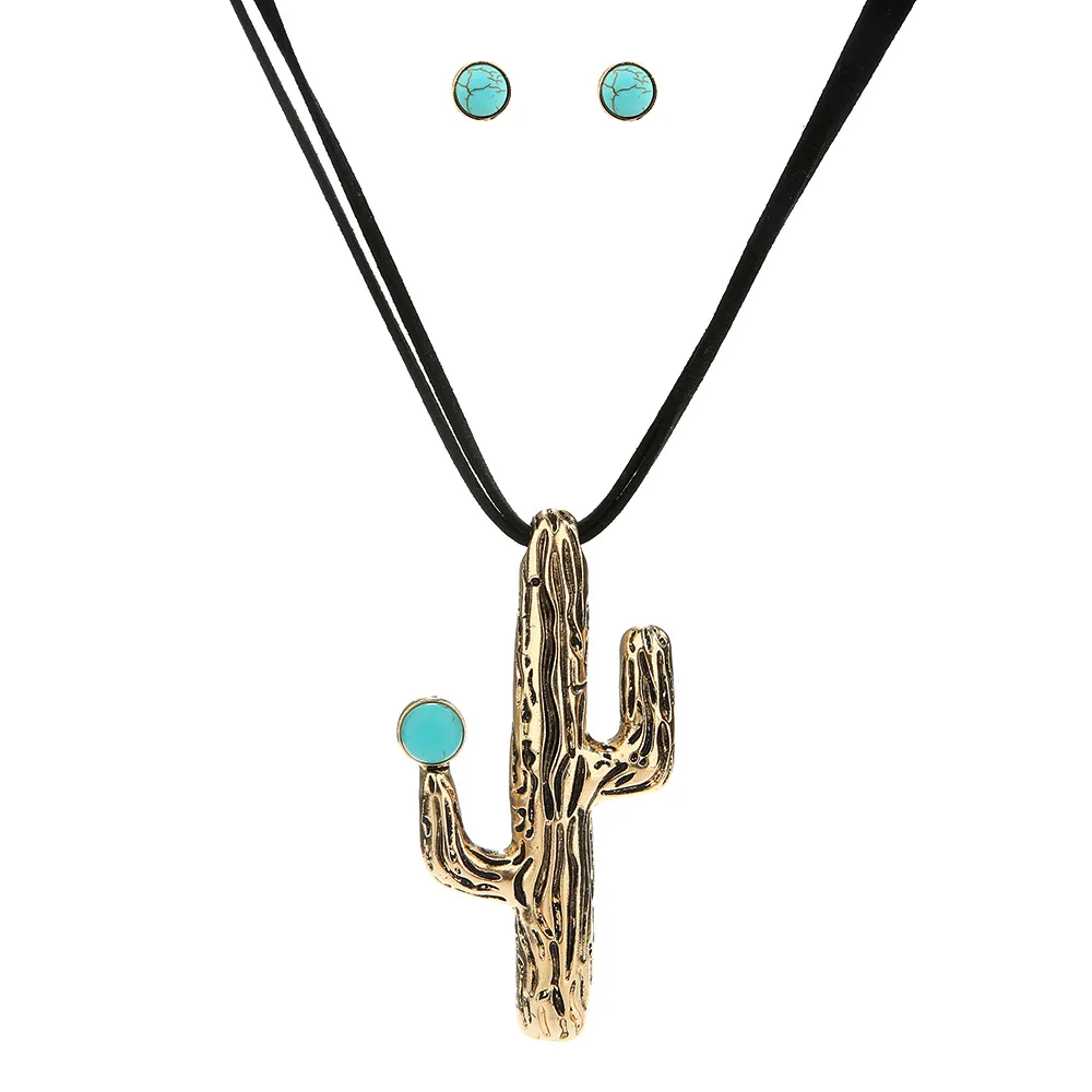 Кактус Кулон ожерелье для свитера женщин в богемном стиле с голубым камнем