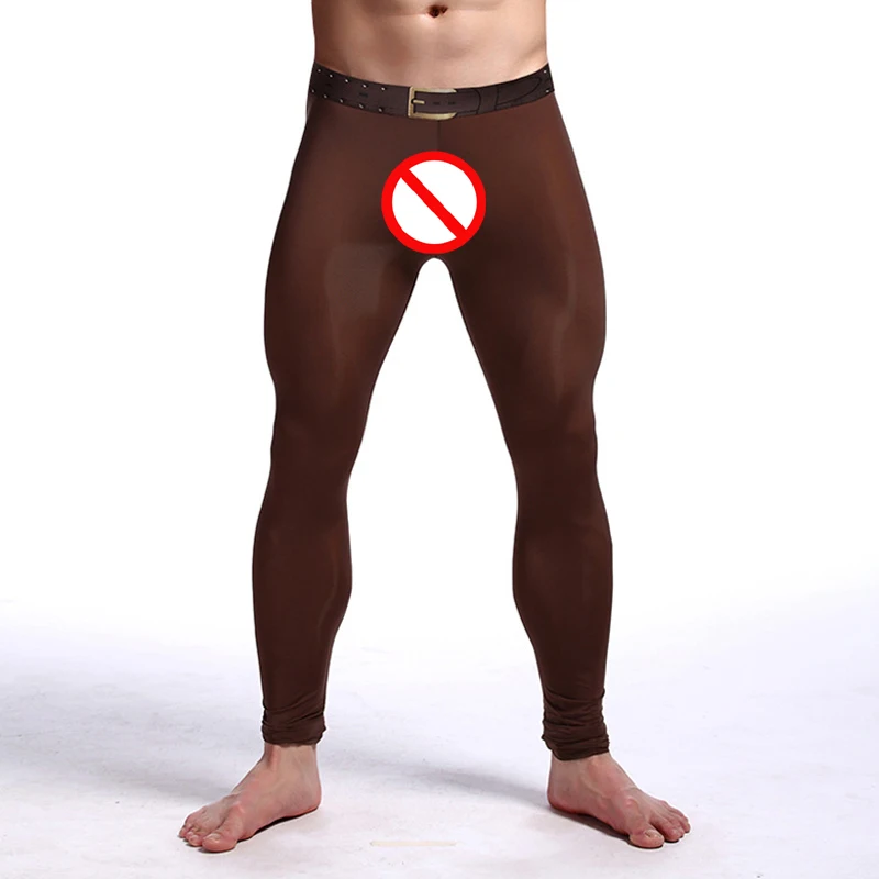 Mens Brand Sexy Nylon Transparent Long Johns Printed Fake Belt Homme lce Silk Sheer Leggings Bottoms/Gay Lounge Tights Underwear