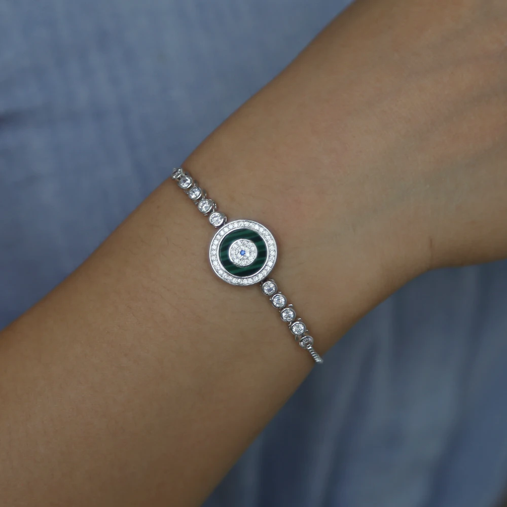2020 Fashion Women Mens Tennis Bracelet With Green Cz Paved Evil Eye Shape Charm Adjust Box Chain Wedding Nice Jewelry | Украшения и