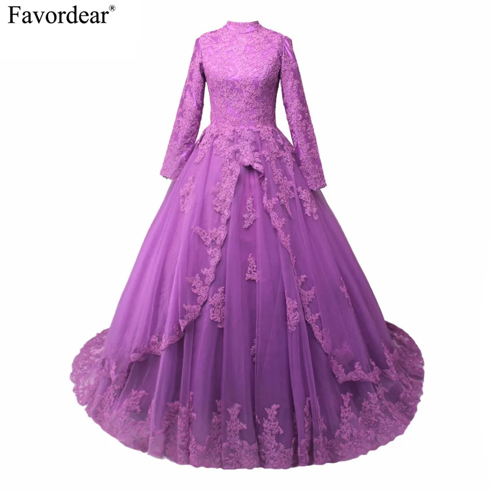 Favordear 2018 muslim evening dress kaftan dubai Evening Dresses Lace Appliques Ball Gown Long Sleeve Muslim Dress | Свадьбы и