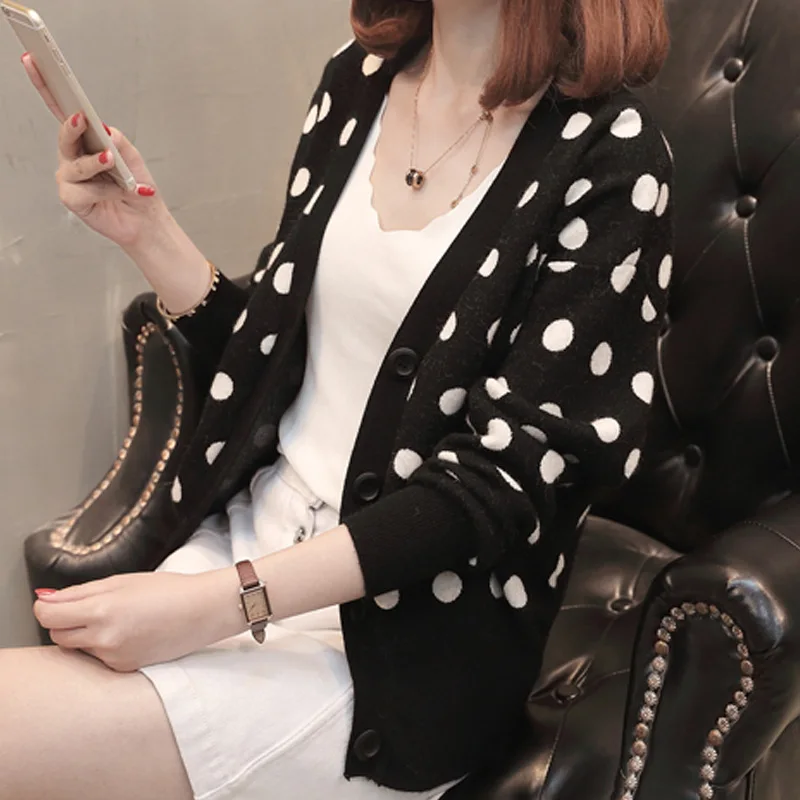 Korean Autumn 2018 Preppy Button Cardigan Women Polka Dot V-neck Sweet Girl Lady Knitted Mujer Clothes Sweater |