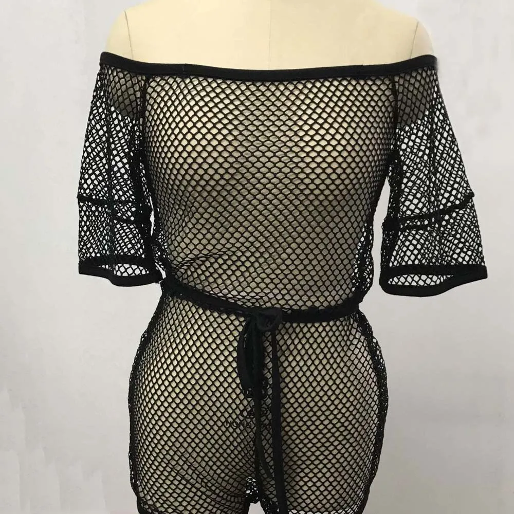 Пикантные сетчатые Playsuit Для женщин выдалбливают короткий рукав комбинезон боди