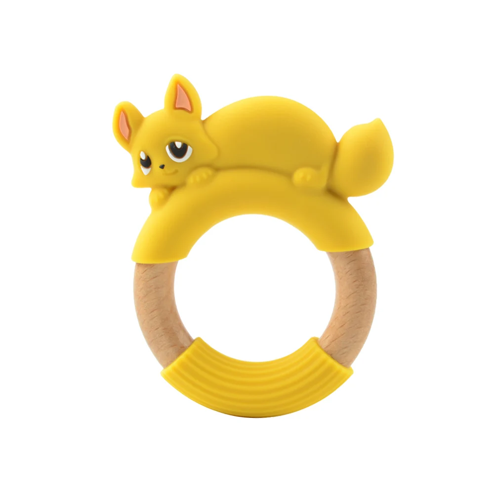 Silicone Fox Panda Teether Wooden Ring BPA Free Nursing Accessories Chewable Wooden Baby Teethers Natural Safe Necklace Bracelet - Цвет: mustard
