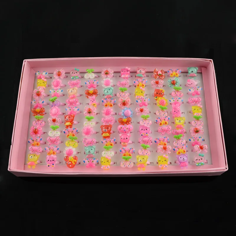 Cute Children's Day Jewelry Plastic Kids Rings for Girls with Mixed Style Resin Cabochons Color 41mm 100pcs/box | Украшения и