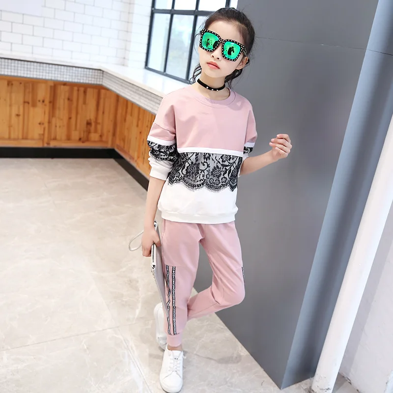 

Girls Children Sports Suit 2018 Girl Tracksuit Long Sleeve Lace Pullover Shirt+ Pants 2 Pcs Sport Outfits Big Girl Clothing Sets