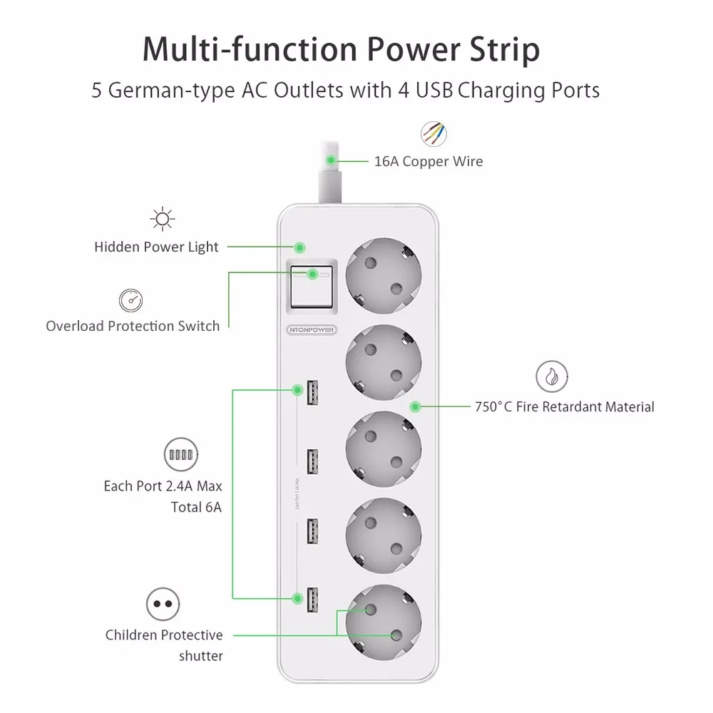 Nton Мощность MPS USB Расширители ЕС Plug Мощность Outlet 5 AC Стабилизатор напряжения Защита от перегрузки с 4 USB интеллектуальная подзарядка Порты