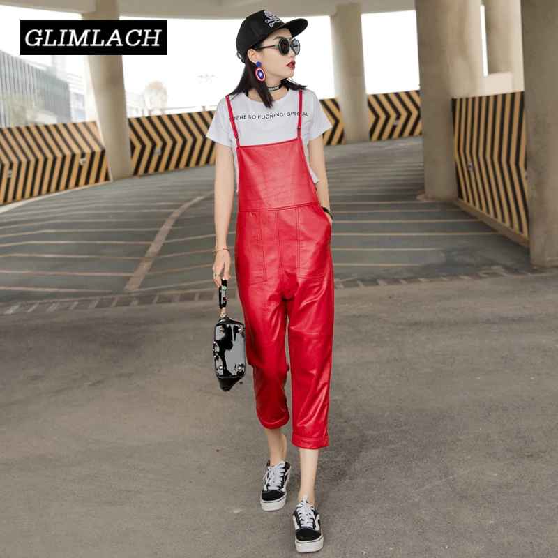 Solid Black Red Real Leather Jumpsuit For Women Plus Size Ankle-Length Casual Overalls Female Fashion Sheepskin Jumpsuits Ladies