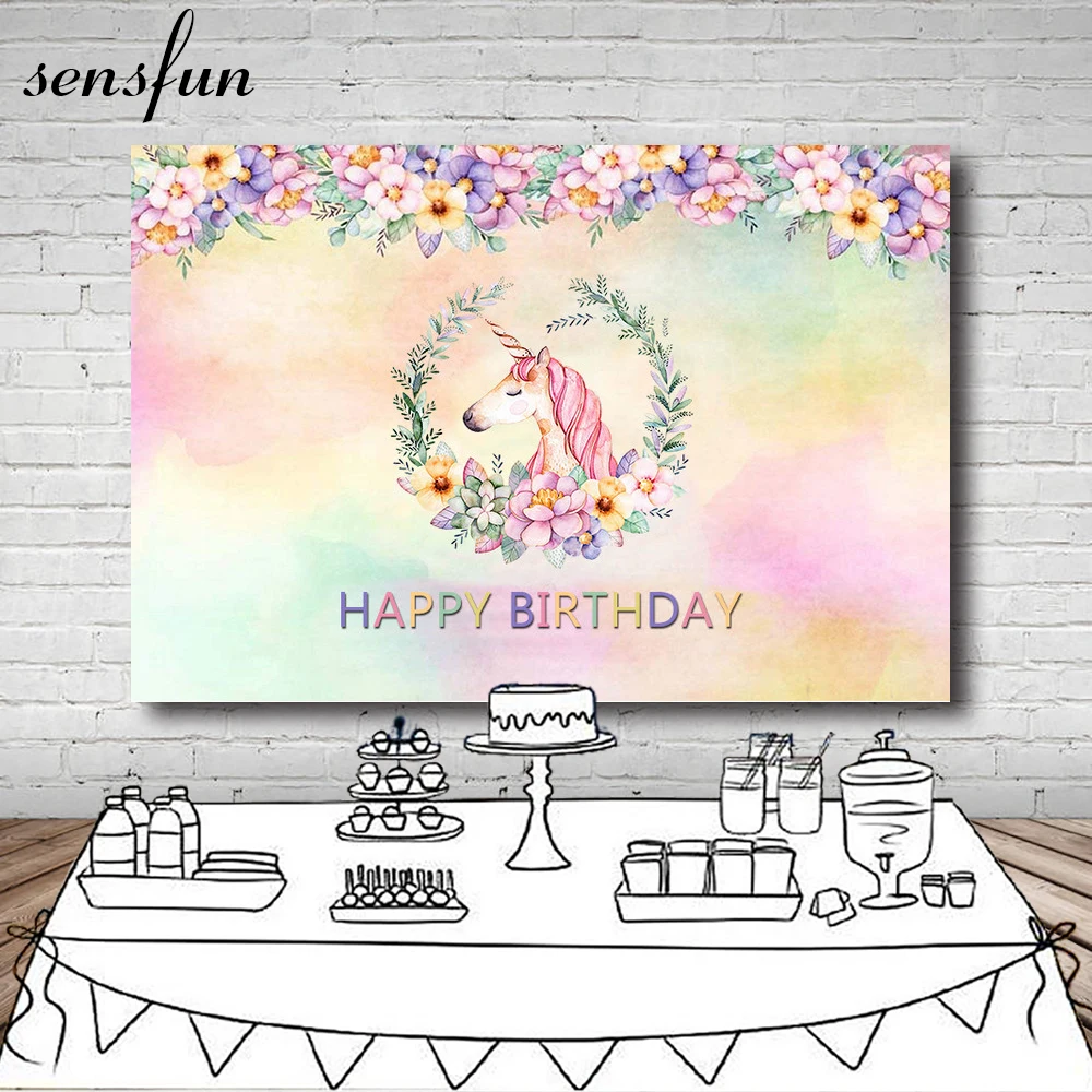 Sensfun фон с единорогом для фотостудии цветы ручной росписью девочек Happy День