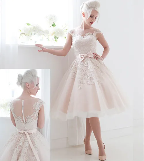 Fashionable Tea Length Blush Tulle With Lace Appliques Wedding Dresses 2014 Sheer illusion Neckline Bridal Gown | Свадьбы и