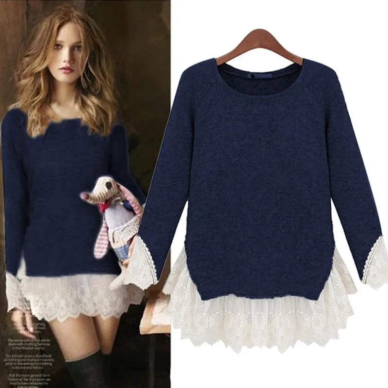 

New Spring Autumn Women T-Shirts Vestidos Slim Fashion Gray Loose Lace Patchwork Long Sleeve Knitted Reder Shirts For Women Tops