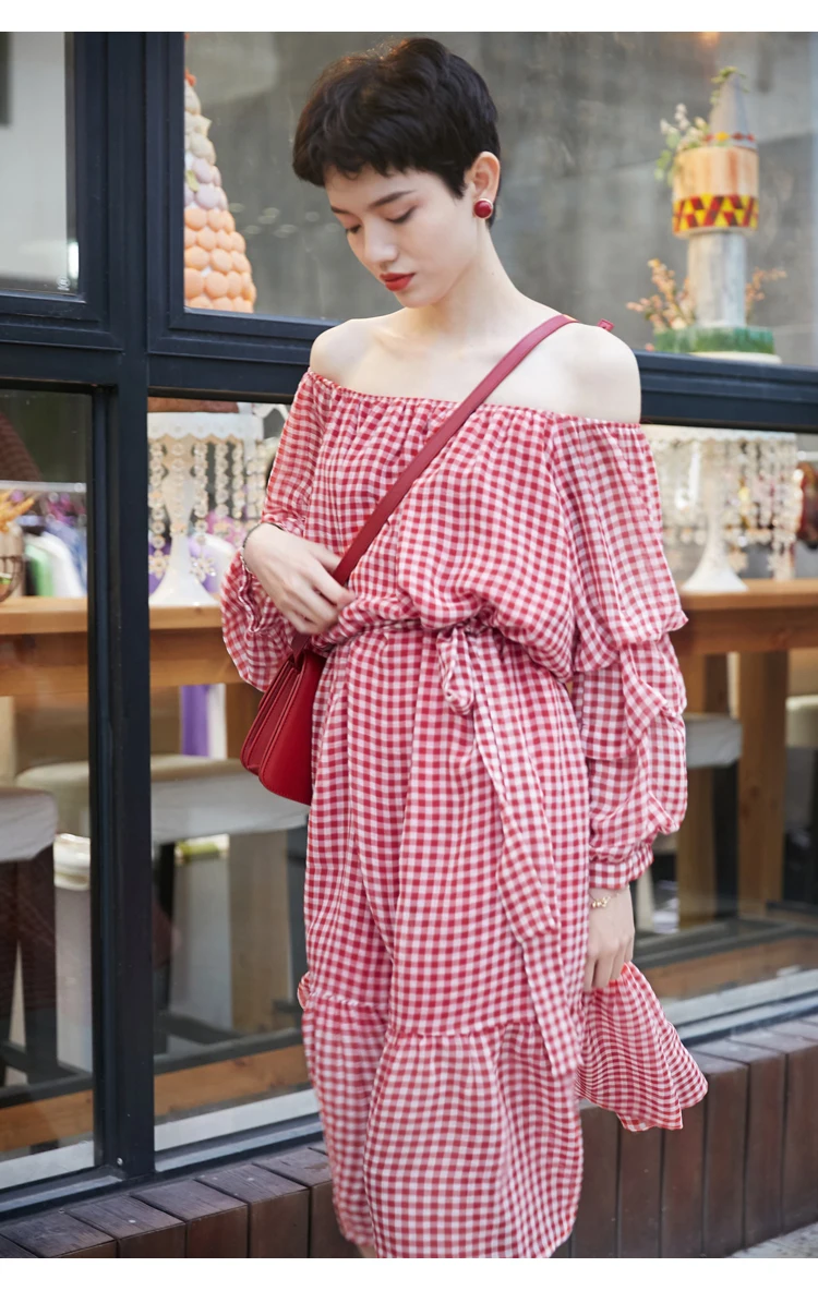 Samstree, сексуальное летнее женское платье, с открытыми плечами, винтажное, Vestidos Verano, клетчатое, на шнуровке, талия, с вырезом лодочкой, до середины икры, женское платье