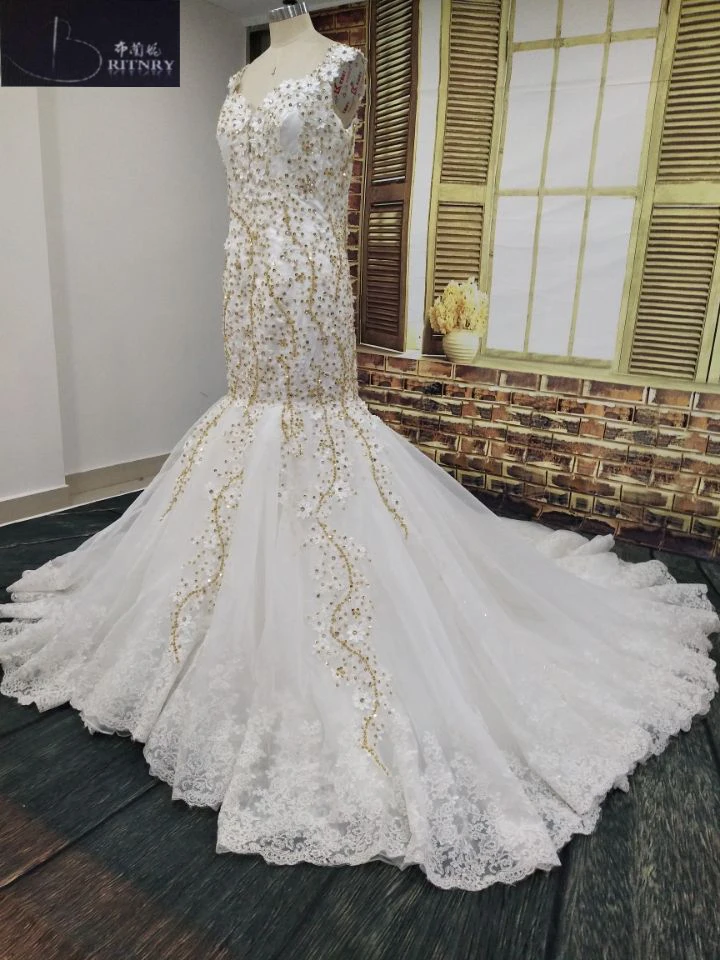 BRITNRY Real Photos Luxury Wedding Dress V Neck Ivory Lace With Gold Beading Mermaid Wedding Dresses Custom Made Plus Size