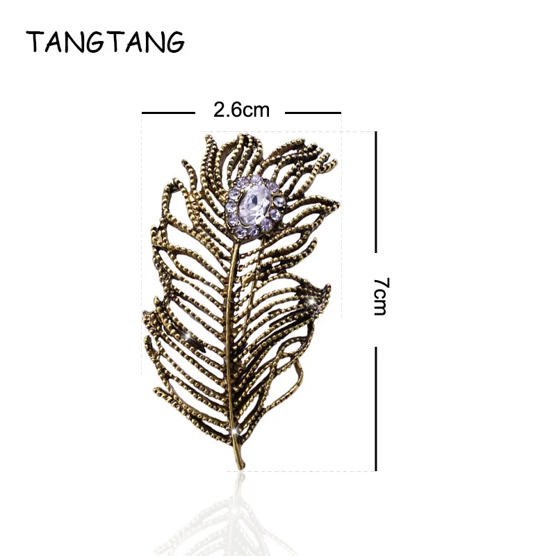 Vintage Antique Bronze Scarf Brooches Clip Jewelry For Women Feather Style Coat Dress Rhinestone Broches Mujer Decoration Gift | Украшения