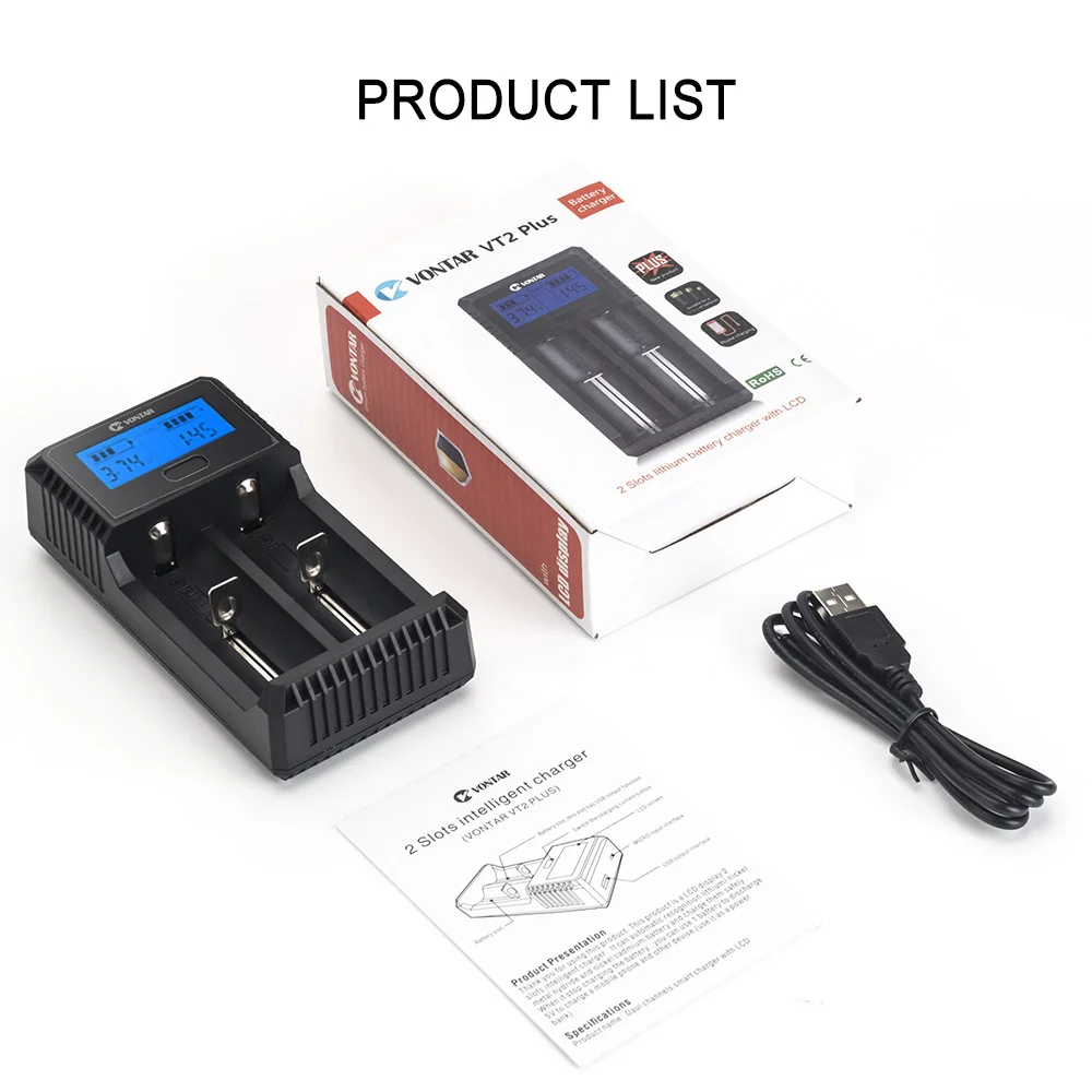 VONTAR Смарт ЖК-дисплей USB Батарея Зарядное устройство Smart для 26650 18650 18500 18350 17670 16340 14500 10440 литиевая батарея 3,7 V VT4 VT2 плюс