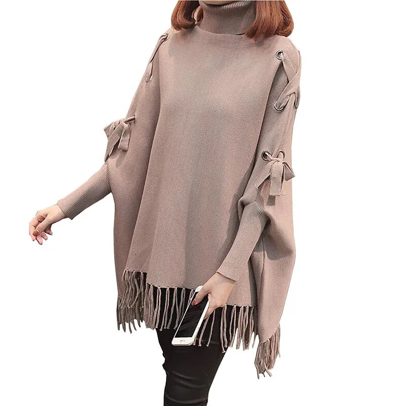 

2018 Autumn Winter Turtleneck Sweater For Women Loose Plus Size Solid Fringed Bat shirt Coat Fashion New Knit Pullover Sweater