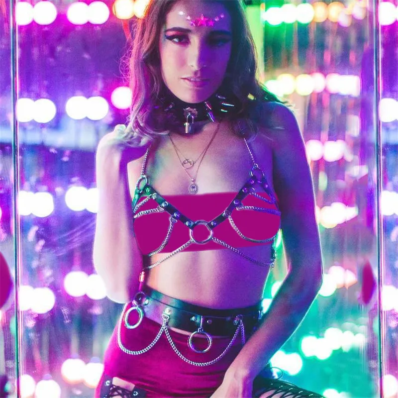 

Goth Harajuku PU Leather Garter Belts Harness Link Chain Women Two Piece Set Chest Bondage Bra Punk Metal O Rings Waist Belt