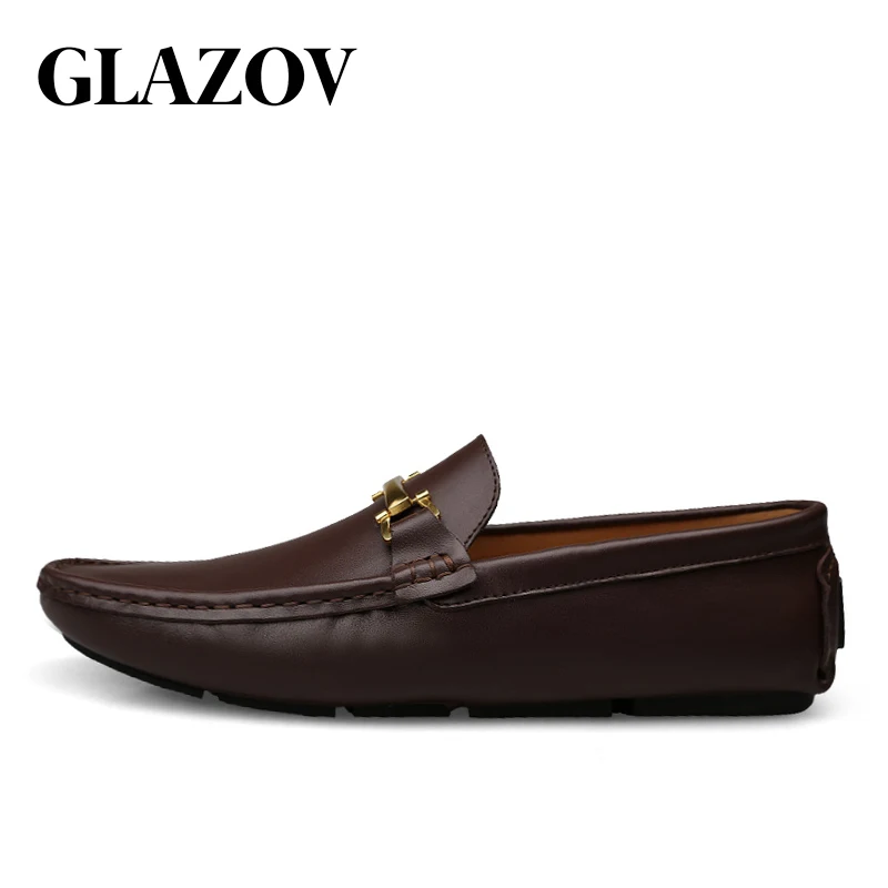 Dark Brown GLAZOV Мужская обувь в итальянском стиле; Повседневная Брендовая обувь без шнуровки; Роскошная официальная обувь; мужские лоферы; мокасины из натуральной кожи; коричневая обувь для вождения - Цвет: Dark Brown